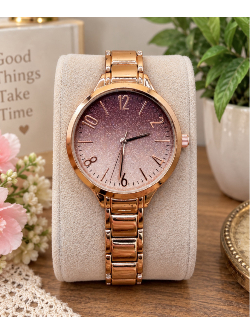 Rose Gold Women's Watch Glitter Ombre Dial Metal Link Bracelet Fashion Watch